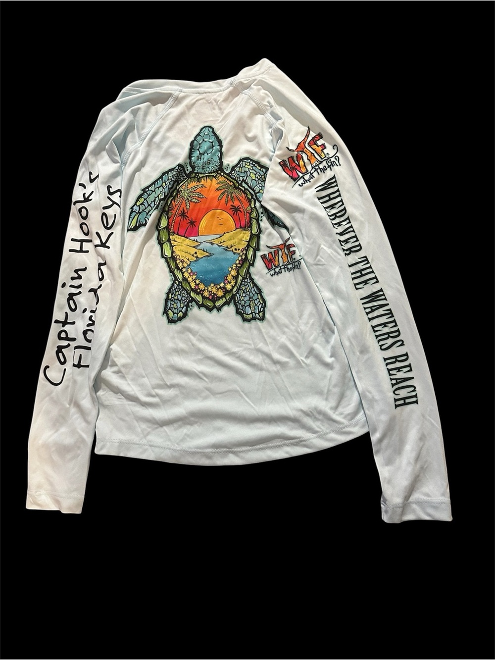 White Long Sleeve Graphic Tee with Sea Turtle Sunset -
